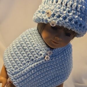 Handmade Light Blue Crochet 18" Doll Poncho + Hat